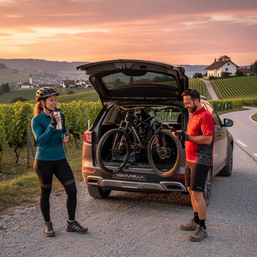 Ein SUV, das über unwegsames Gelände fährt, mit einer atemberaubenden Aussicht im Hintergrund.