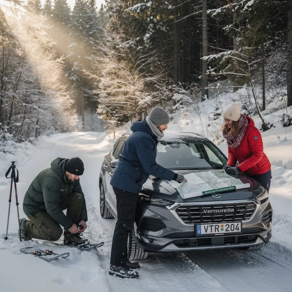Eine Gruppe von Freunden genießt ein Picknick im Freien nach einem aufregenden Offroad-Abenteuer.