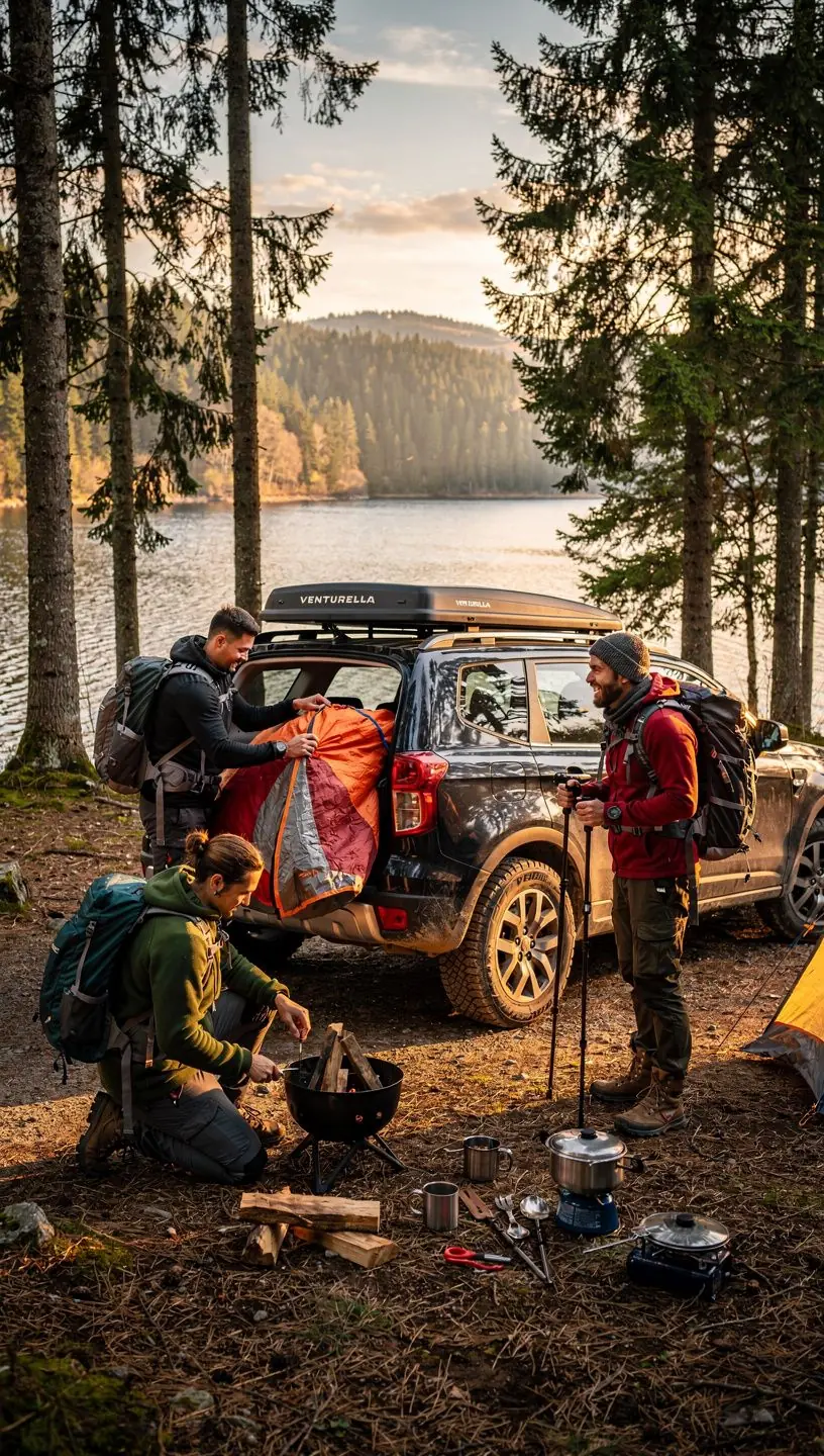 Ein Lkw mit Outdoor-Ausrüstung und Campingzubehör steht bereit für ein Abenteuer in der Wildnis.